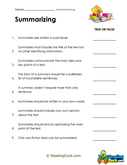 Summary True-False Worksheet