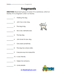 Sentence Fragment Worksheets | Writing Series | Reading Duck.com
