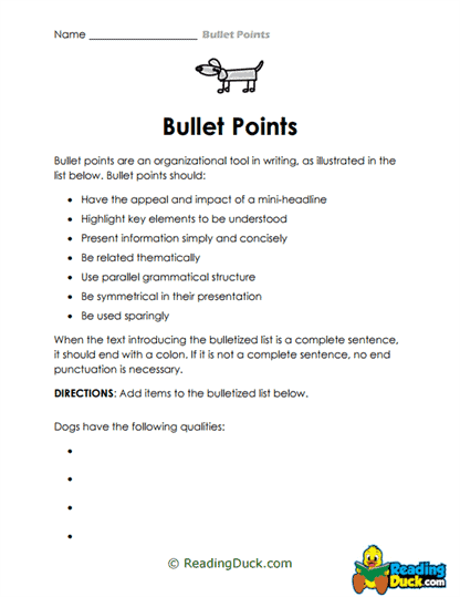 Bullet Points Worksheets