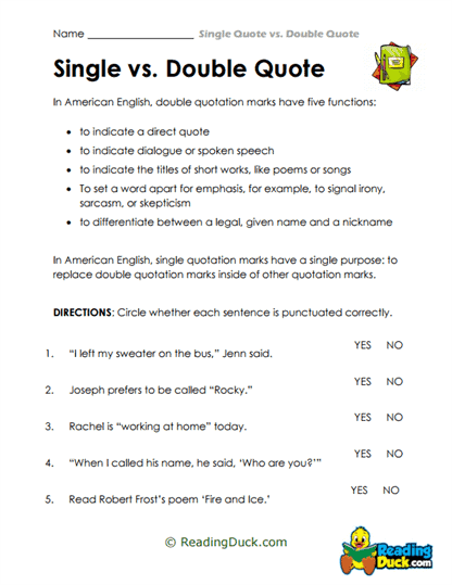 Single Quotes vs Double Quote Worksheets