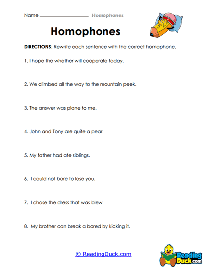 Rewrite with Homophones Worksheet