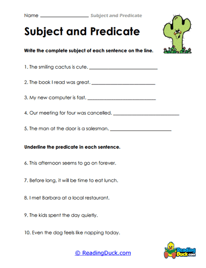 Subject-Predicate Identifier Worksheet
