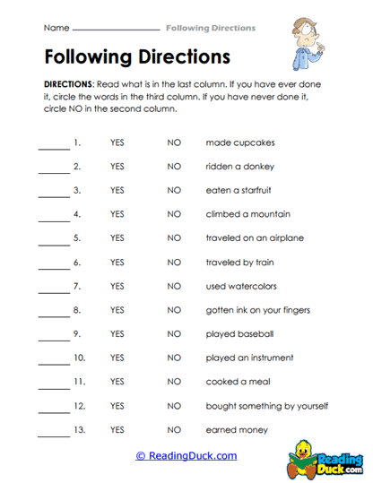 Yes or No Adventures Worksheet