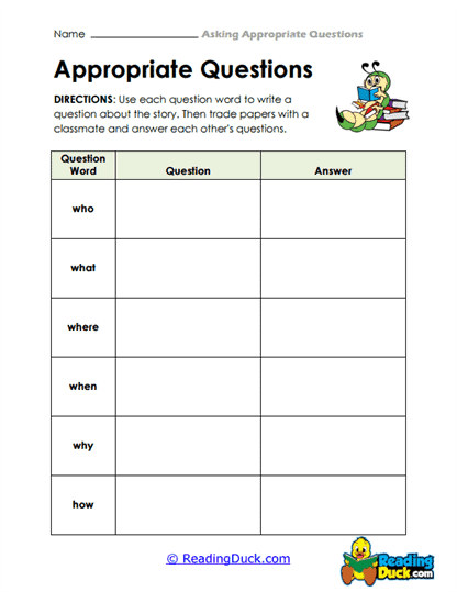 Story Questions Worksheet