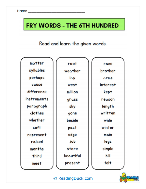 Vocabulary List Worksheet