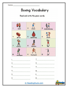 Boxing Vocabulary Word Worksheets | Reading Duck.com