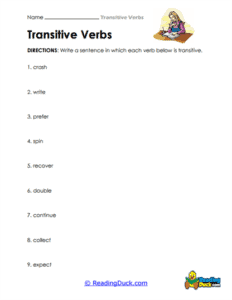 Transitive Verb Worksheets | Grammar Skills | Reading Duck.com