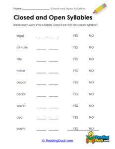 Closed and Open Syllables Worksheets | Reading Duck.com