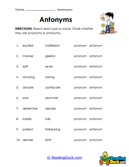 Synonym or Antonym? Pt. 2 Worksheet
