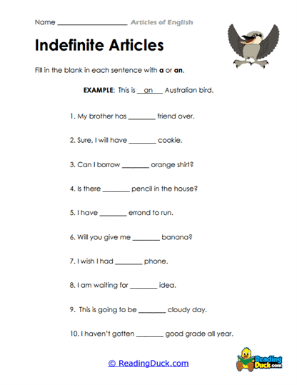 Indefinite Adventure Worksheet
