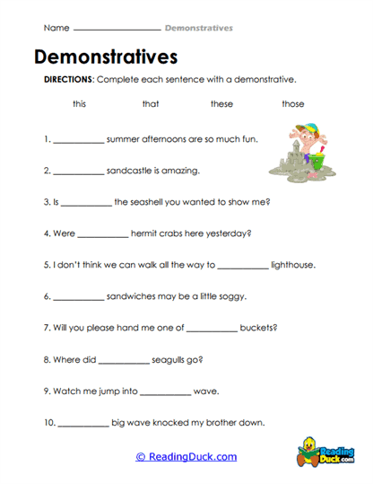 Summer Demonstratives Worksheet