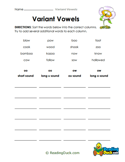 Oo and Ow Sort Worksheet