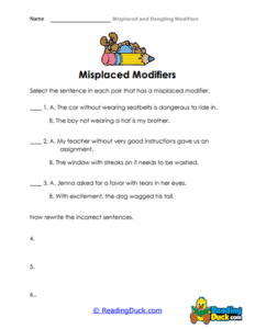 Misplaced and Dangling Modifiers Worksheets | Reading Duck.com