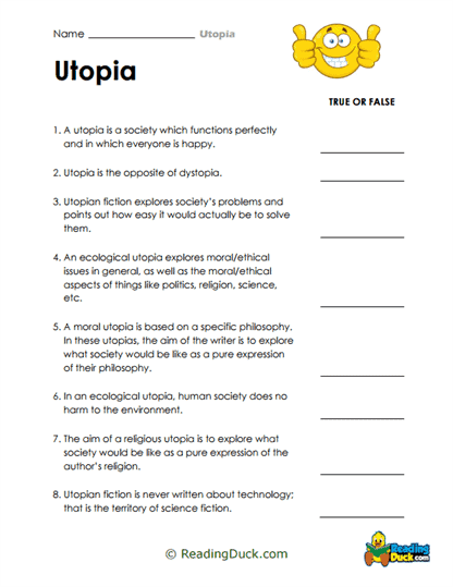 Utopia True or False Worksheet