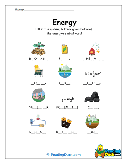 Energy Vocabulary Words Worksheets