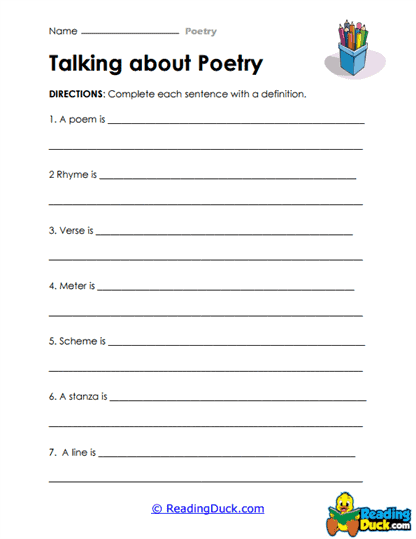 Poetry Definitions Worksheet