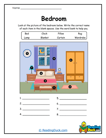 Bedroom Vocabulary Words Worksheets