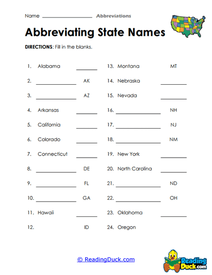 State Shortcuts Pt. 2 Worksheet
