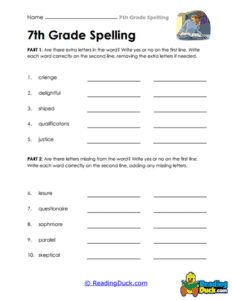 7th Grade Spelling Worksheets | Reading Duck.com