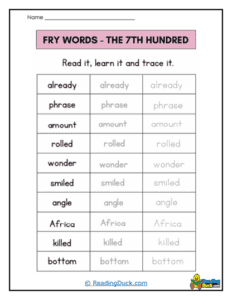 7th 100 Fry Sight Words Worksheets| Reading Duck.com