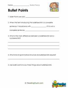 Bullet Point Worksheets | Punctuation Collection | Reading Duck.com