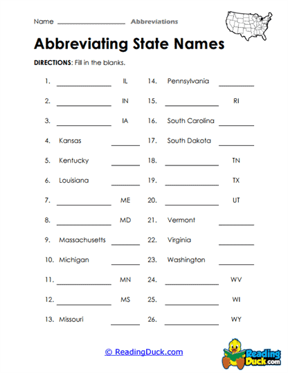State Shortcuts Worksheet
