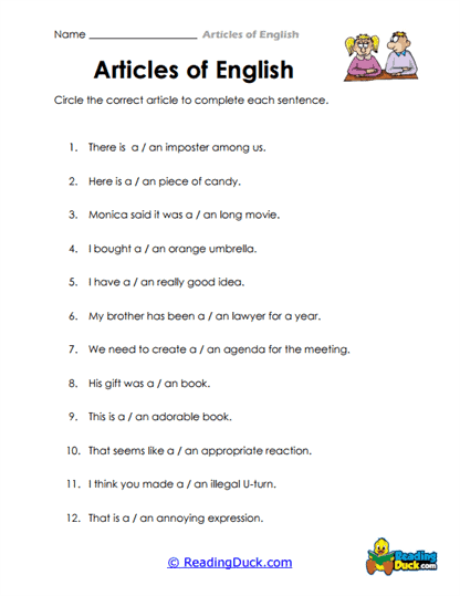 Imposter Articles Worksheet