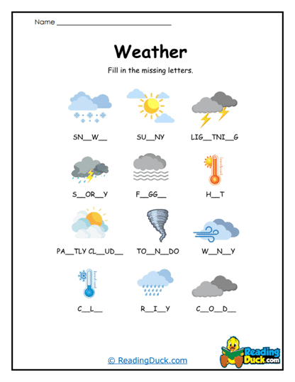 Weather Vocabulary Word Worksheets