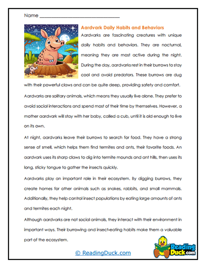 Aardvark Daily Habits and Behaviors Worksheet