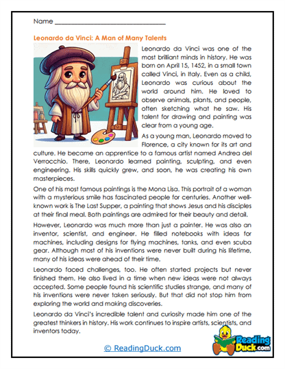 Artists Reading Comprehension Worksheets