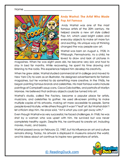 Pop Art Fame Worksheet