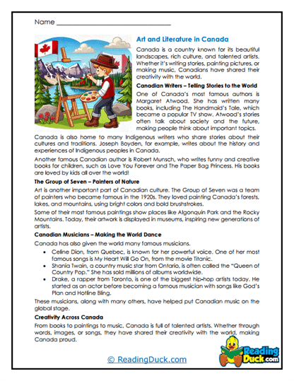 Canada Reading Worksheets