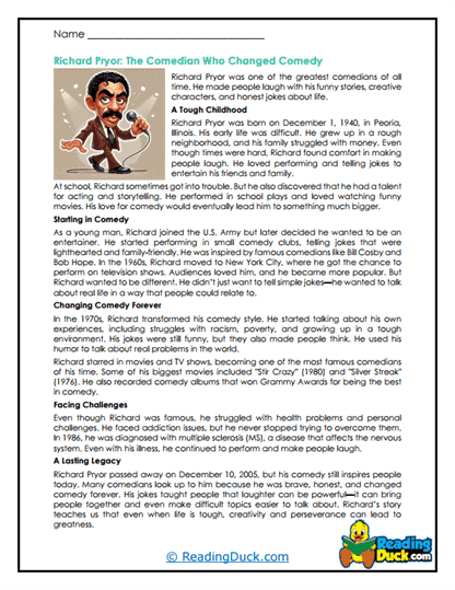 Finding Inference Worksheet Comedians Reading Comprehension Worksheets | Reading Duck.com