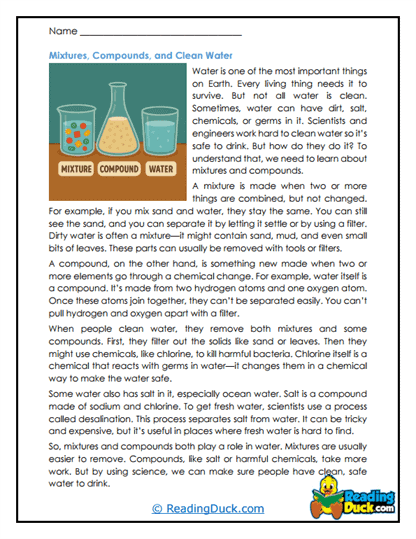 Compounds and Mixtures Reading Comprehension Worksheets