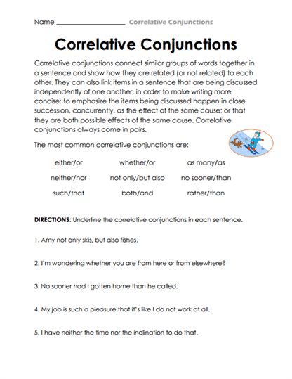 Conjunction Pairs Worksheet