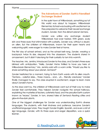 Zander's Earthly Visit Worksheet