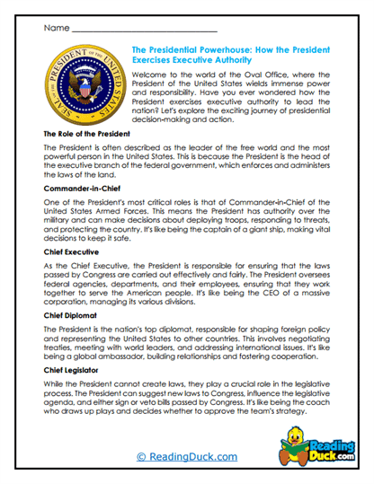 Presidential Power Worksheet