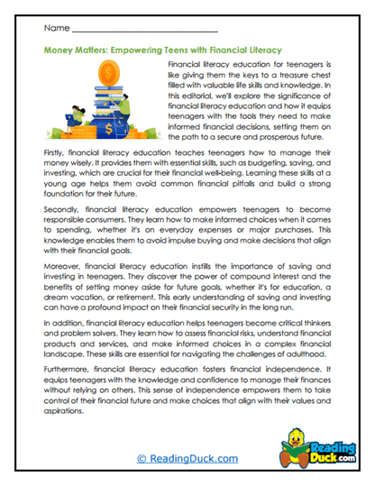 Teen Money Smarts Worksheet