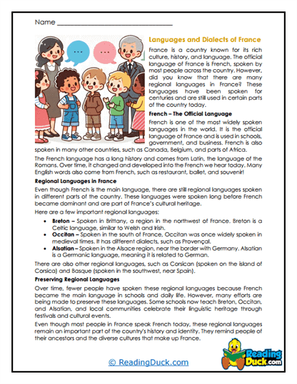 France Reading Worksheets