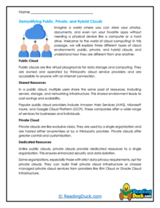 Cloud Computing Reading Worksheets | Reading Duck.com