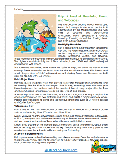 Italian Landscapes Worksheet