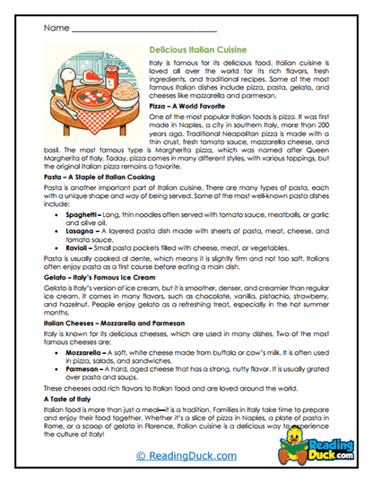 Italian Flavors Worksheet