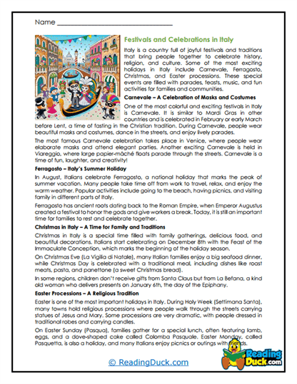 Italian Festivals Worksheet
