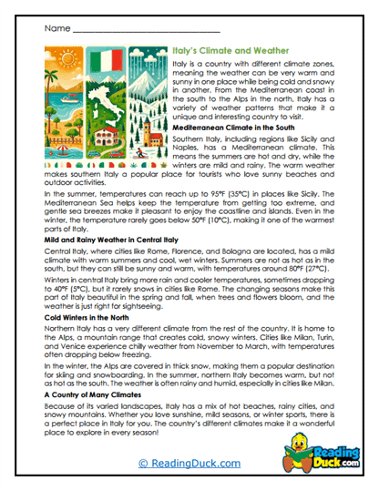 Italian Climate Worksheet