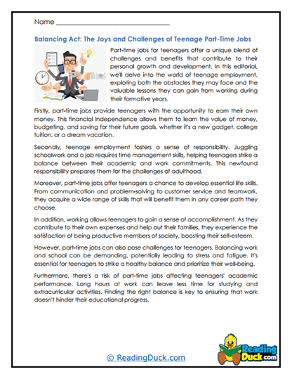 Teen Jobs Balance Worksheet