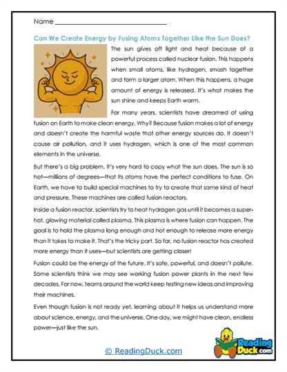 Nuclear Energy Reading Comprehension Worksheets