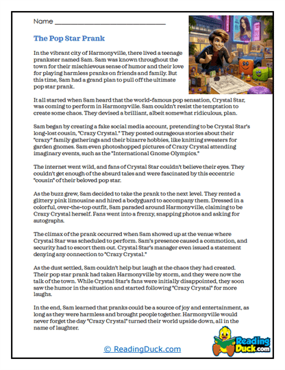 Pop Prank Worksheet