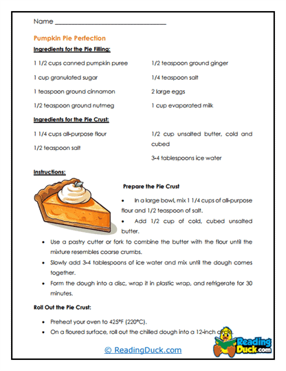 Pumpkin Pie Perfection Worksheet