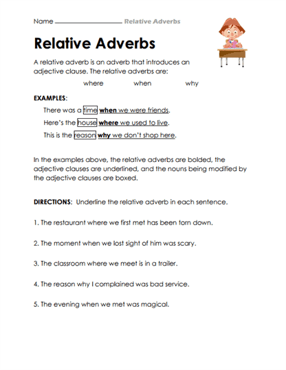Relative Adverb Finder Worksheet