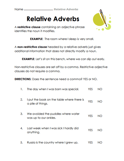 Relative Adverbs Worksheets